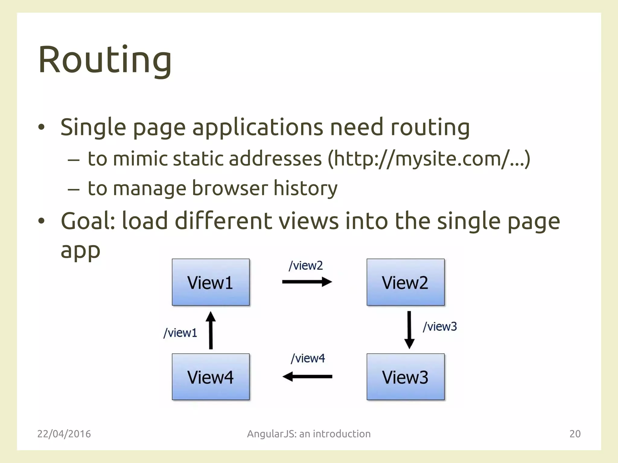 Routing
• Single page applications need routing
– to mimic static addresses (http://mysite.com/...)
– to manage browser history
• Goal: load different views into the single page
app
22/04/2016 AngularJS: an introduction 20
 