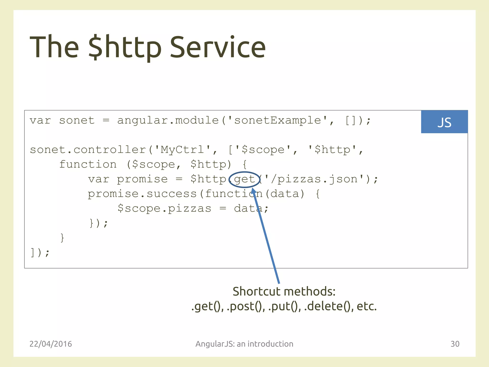 The $http Service
22/04/2016 AngularJS: an introduction 30
var sonet = angular.module('sonetExample', []);
sonet.controller('MyCtrl', ['$scope', '$http',
function ($scope, $http) {
var promise = $http.get('/pizzas.json');
promise.success(function(data) {
$scope.pizzas = data;
});
}
]);
JS
Shortcut methods:
.get(), .post(), .put(), .delete(), etc.
 
