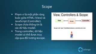 hallenge
 Phạm vi là một phần ràng
buộc giữa HTML (View) và
JavaScript (Controller).
 Scope chứa thông tin là
các dữ liệu model.
 Trong controller, dữ liệu
model có thể được truy
cập qua đối tượng $scope.
Scope
 