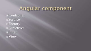 Controller
Service
Factory
Directives
Filter
View
 