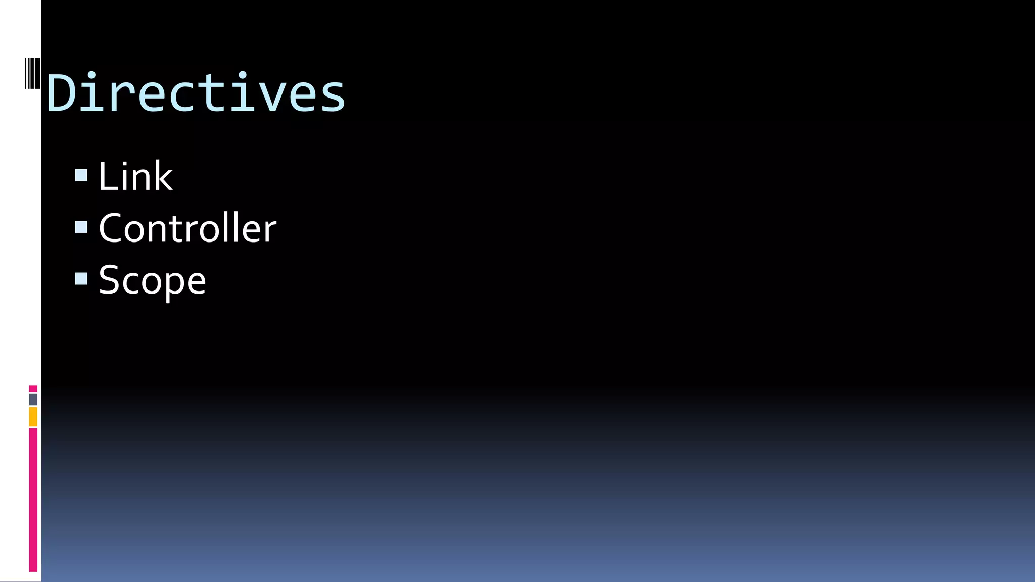 Directives
Link
Controller
Scope