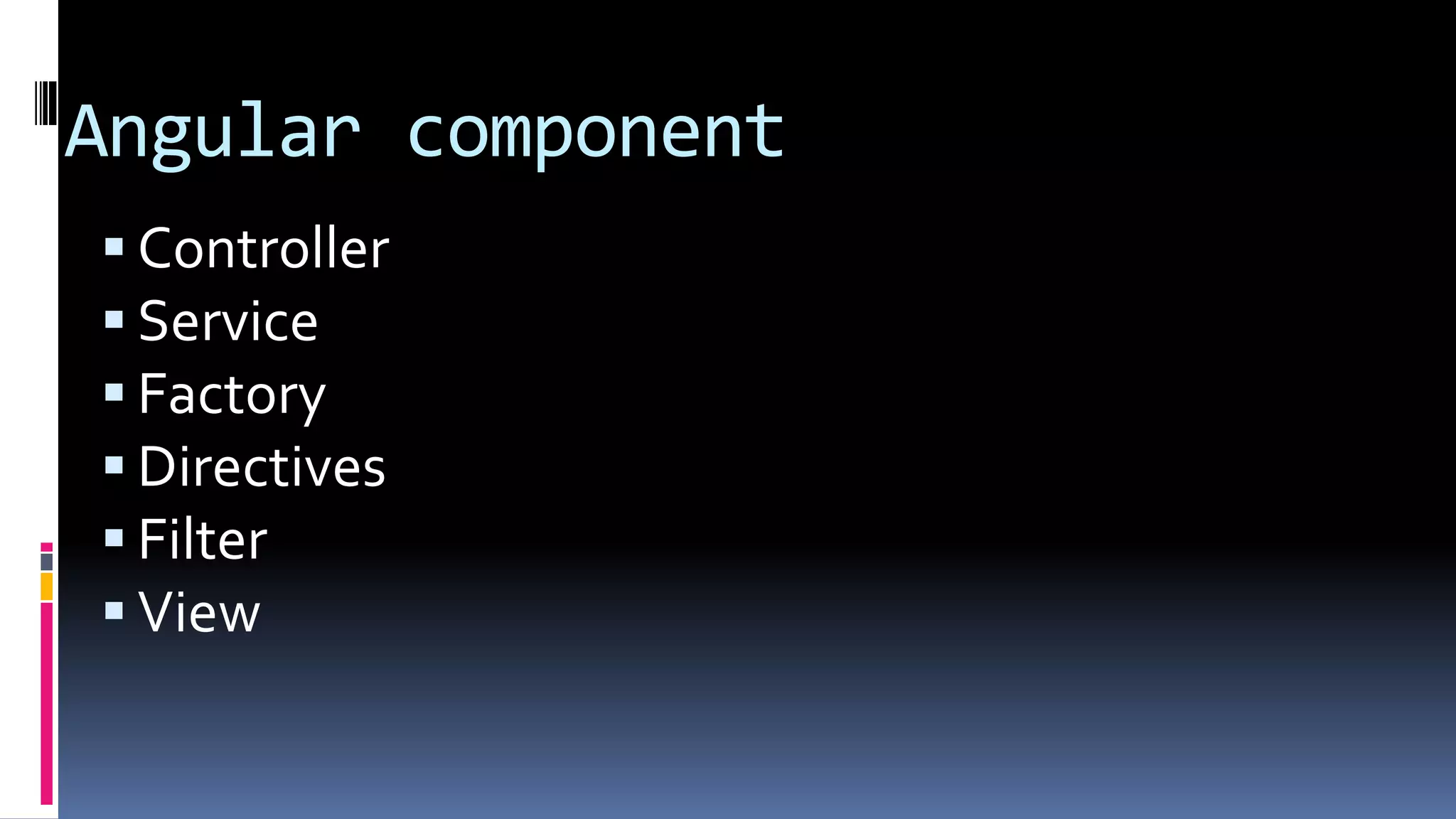 Angular component
Controller
Service
Factory
Directives
Filter
View