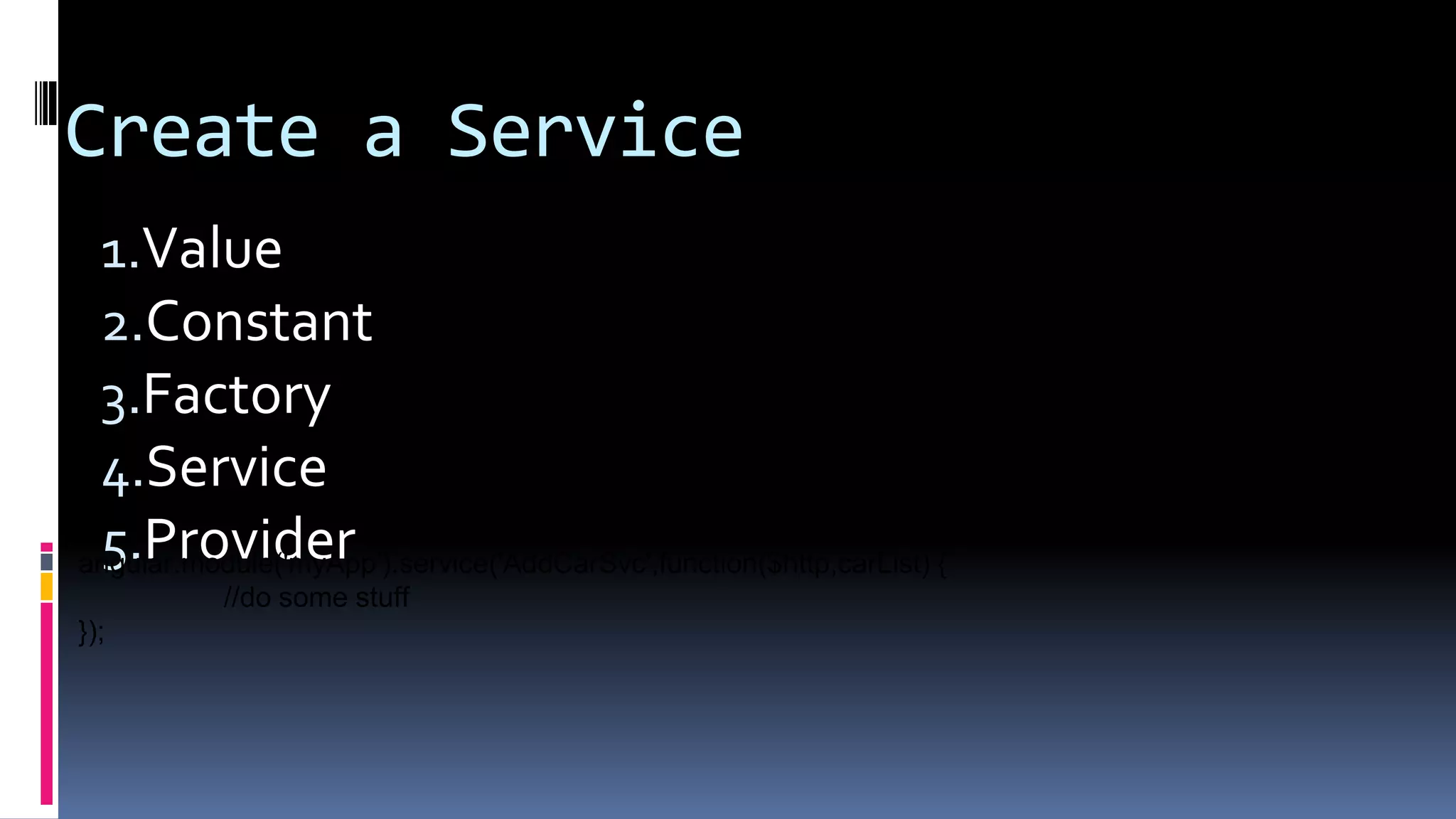 Create a Service
1.Value
2.Constant
3.Factory
4.Service
5.Providerangular.module('myApp').service('AddCarSvc',function($http,carList) {
//do some stuff
});