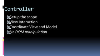 Controller
Setup the scope
View Interaction
CoordinateView and Model
No DOM manipulationangular.module('myApp')
.controller('AddCarCtrl', ['$scope', function($scope) {
//do some stuff
}]);
 