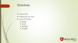 Directives
Extend HTML
Starting with ng- prefix
Some of Directives
ng-app
ng-init
ng-model
ng-repeat