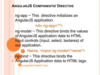 ANGULARJS COMPONENTS/ DIRECTIVE
• ng-app − This directive initializes an AngularJS
application.
<div ng-app="">
• ng-model − This directive binds the values of AngularJS
application data to HTML input controls (input, select,
textarea) of our application .
ng-model="name"
• ng-bind − This directive binds the AngularJS
Application data to HTML tags.
ng-bind="name"
 