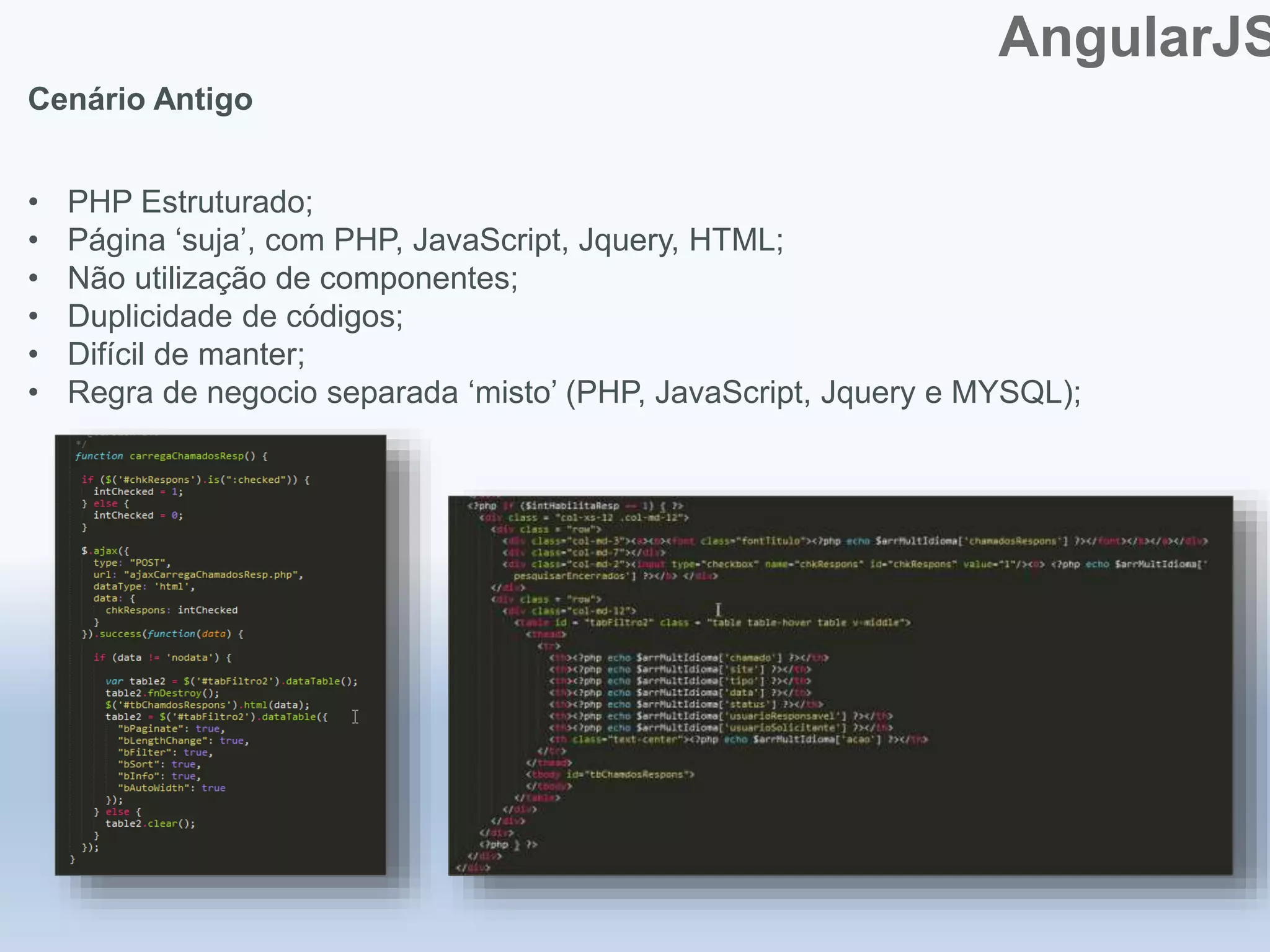 AngularJS
Cenário Antigo
• PHP Estruturado;
• Página ‘suja’, com PHP, JavaScript, Jquery, HTML;
• Não utilização de componentes;
• Duplicidade de códigos;
• Difícil de manter;
• Regra de negocio separada ‘misto’ (PHP, JavaScript, Jquery e MYSQL);
