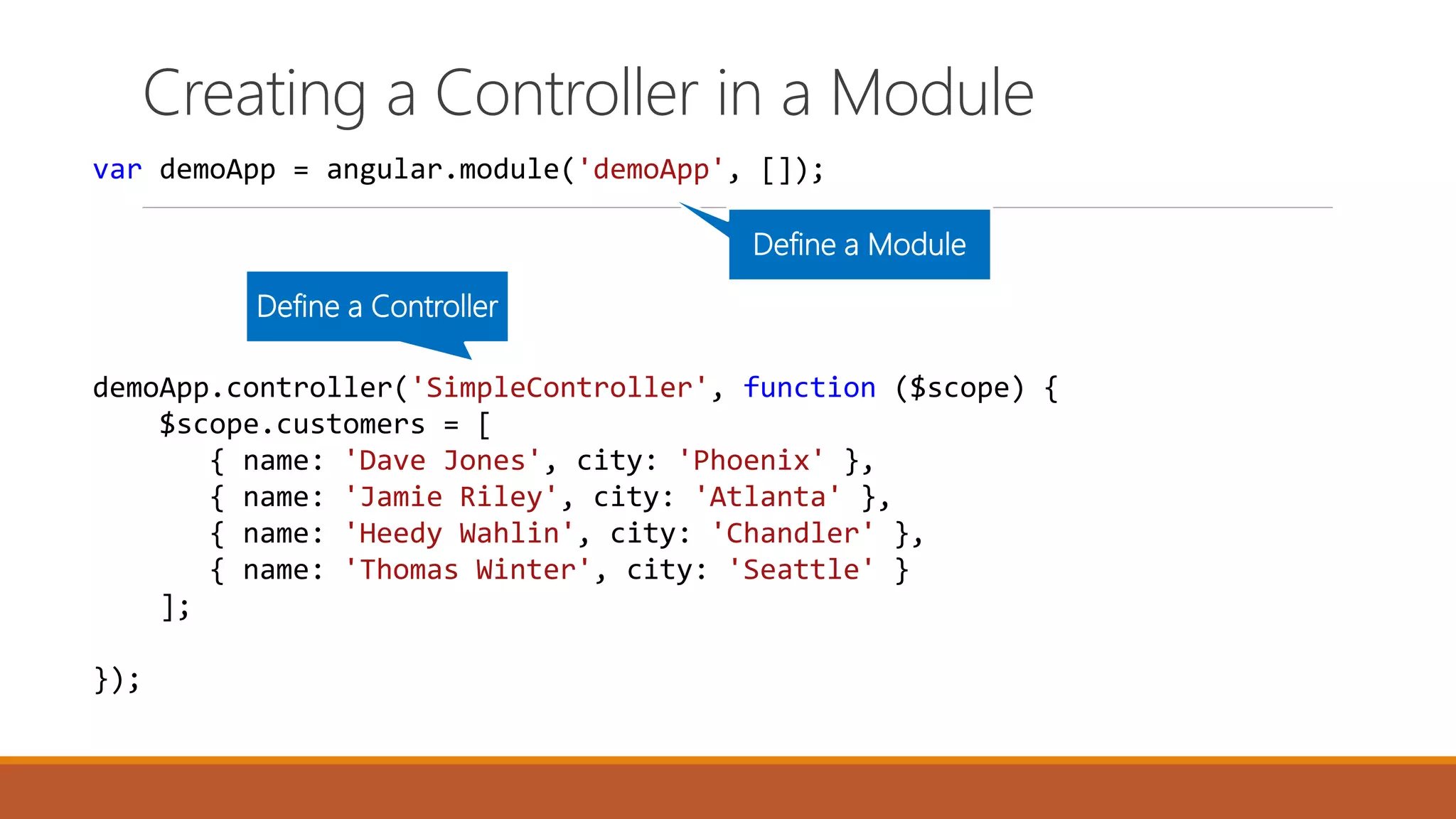 var demoApp = angular.module('demoApp', []);
demoApp.controller('SimpleController', function ($scope) {
$scope.customers = [
{ name: 'Dave Jones', city: 'Phoenix' },
{ name: 'Jamie Riley', city: 'Atlanta' },
{ name: 'Heedy Wahlin', city: 'Chandler' },
{ name: 'Thomas Winter', city: 'Seattle' }
];
});
Define a Module
Define a Controller
Creating a Controller in a Module
 