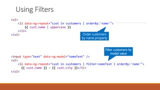 <ul>
<li data-ng-repeat="cust in customers | orderBy:'name'">
{{ cust.name | uppercase }}
</li>
</ul> Order customers
by name property
<input type="text" data-ng-model="nameText" />
<ul>
<li data-ng-repeat="cust in customers | filter:nameText | orderBy:'name'">
{{ cust.name }} - {{ cust.city }}</li>
</ul>
Filter customers by
model value
Using Filters
 