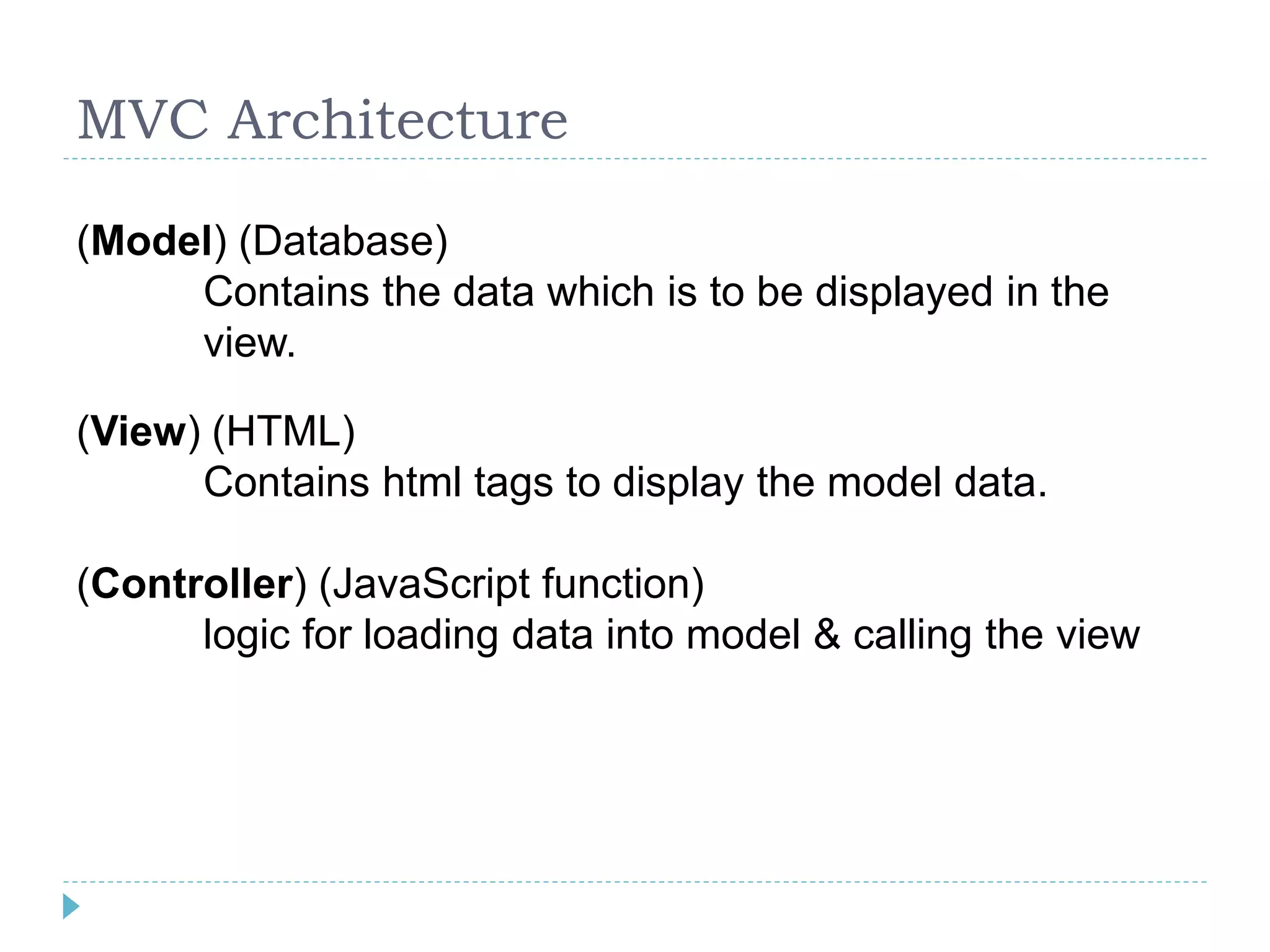 MVC Architecture
(Model) (Database)
Contains the data which is to be displayed in the
view.
(View) (HTML)
Contains html tags to display the model data.
(Controller) (JavaScript function)
logic for loading data into model & calling the view
 