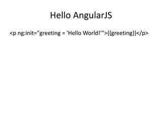 Hello AngularJS
<p ng:init="greeting = 'Hello World!'">{{greeting}}</p>
 