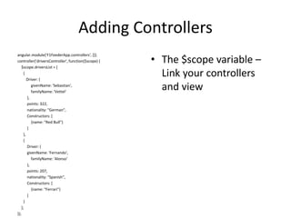 Adding Controllers
angular.module('F1FeederApp.controllers', []).
controller('driversController', function($scope) {
$scope.driversList = [
{
Driver: {
givenName: 'Sebastian',
familyName: 'Vettel'
},
points: 322,
nationality: "German",
Constructors: [
{name: "Red Bull"}
]
},
{
Driver: {
givenName: 'Fernando',
familyName: 'Alonso'
},
points: 207,
nationality: "Spanish",
Constructors: [
{name: "Ferrari"}
]
}
];
});
• The $scope variable –
Link your controllers
and view
 