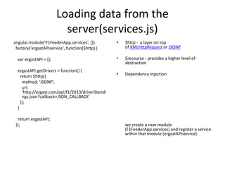 Loading data from the
server(services.js)
angular.module('F1FeederApp.services', []).
factory('ergastAPIservice', function($http) {
var ergastAPI = {};
ergastAPI.getDrivers = function() {
return $http({
method: 'JSONP',
url:
'http://ergast.com/api/f1/2013/driverStandi
ngs.json?callback=JSON_CALLBACK'
});
}
return ergastAPI;
});
• $http - a layer on top
of XMLHttpRequest or JSONP
• $resource - provides a higher level of
abstraction
• Dependency Injection
we create a new module
(F1FeederApp.services) and register a service
within that module (ergastAPIservice).
 