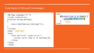 ASP.NET
MVC
Code blocks in Microsoft technologies
 