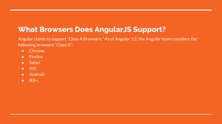 What Browsers Does AngularJS Support?
Angular claims to support “Class A Browsers.” As of Angular 1.2, the Angular team considers the
following browsers “Class A”:
● Chrome
● Firefox
● Safari
● iOS
● Android
● IE8+.
 