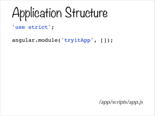 Application Structure
'use strict';!
!
angular.module('tryitApp', []);
/app/scripts/app.js
 