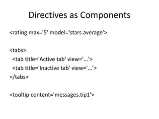 Directives as Components
<rating max='5' model='stars.average'>
<tabs>
<tab title='Active tab' view='...'>
<tab title='Inactive tab' view='...'>
</tabs>
<tooltip content='messages.tip1'>
 