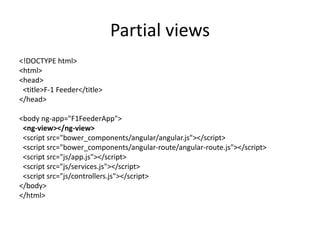 Partial views
<!DOCTYPE html>
<html>
<head>
<title>F-1 Feeder</title>
</head>
<body ng-app="F1FeederApp">
<ng-view></ng-view>
<script src="bower_components/angular/angular.js"></script>
<script src="bower_components/angular-route/angular-route.js"></script>
<script src="js/app.js"></script>
<script src="js/services.js"></script>
<script src="js/controllers.js"></script>
</body>
</html>
 