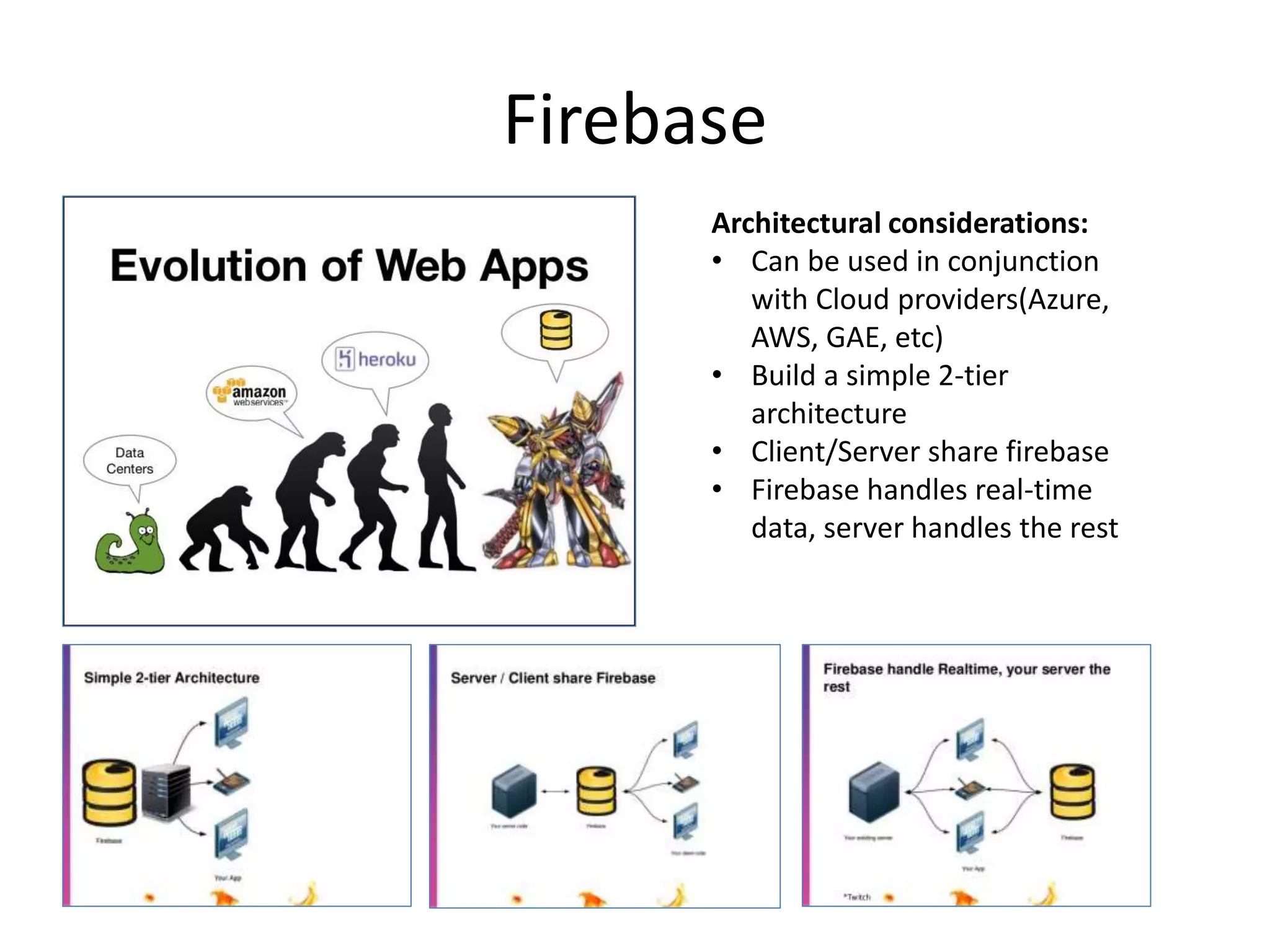 Firebase Architectural considerations: • Can be used in conjunction with Cloud providers(Azure, AWS, GAE, etc) • Build a simple 2-tier architecture • Client/Server share firebase • Firebase handles real-time data, server handles the rest 