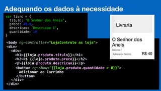 Eduardo Mendes (edumendes@gmail.com)32
Adequando os dados à necessidade
var livro = {
titulo: 'O Senhor dos Aneis',
preco: 40.0,
descricao: ‘Descricao 1'
}
,
quantidade: 10
<body ng-controller="LojaControle as loja"> 
<div> 
<div> 
<h1>{{loja.produto.titulo}}</h1> 
<h2>R$ {{loja.produto.preco}}</h2> 
<p>{{loja.produto.descricao}}</p> 
</div>
</div>
<button ng-show="{{loja.produto.quantidade > 0}}”>
Adicionar ao Carrinho
</button>
 