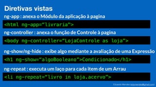 Eduardo Mendes (edumendes@gmail.com)
Diretivas vistas
ng-app : anexa o Módulo da aplicação à pagina
<html ng-app=“livraria">
ng-controller : anexa o função de Controle à pagina
<body ng-controller=“LojaControle as loja”>
ng-show/ng-hide : exibe algo mediante a avaliação de uma Expressão
<h1 ng-show=“algoBooleano”>Condicionado</h1>
ng-repeat : executa um laço para cada item de um Arrau
<li ng-repeat=“livro in loja.acervo”>
 
