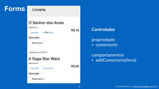 Eduardo Mendes (edumendes@gmail.com)56
Forms
Controlador
propriedade
• comentario
comportamentos
• addComentario(livro)
 