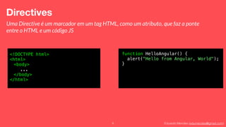 Eduardo Mendes (edumendes@gmail.com)8
Directives
Uma Directive é um marcador em um tag HTML, como um atributo, que faz a ponte 
entre o HTML e um código JS
<!DOCTYPE html>
<html>
<body>
...
</body>
</html>
function HelloAngular() {
alert("Hello from Angular, World");
}
 