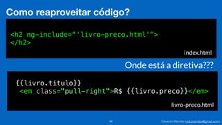 Eduardo Mendes (edumendes@gmail.com)86
Como reaproveitar código?
<h2 ng-include=“'livro-preco.html'”>
</h2>
index.html
{{livro.titulo}}
<em class="pull-right">R$ {{livro.preco}}</em>
livro-preco.html
Onde está a diretiva???
 