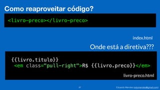Eduardo Mendes (edumendes@gmail.com)87
Como reaproveitar código?
<livro-preco></livro-preco>
index.html
{{livro.titulo}}
<em class="pull-right">R$ {{livro.preco}}</em>
livro-preco.html
Onde está a diretiva???
 