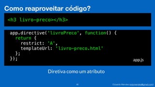 Eduardo Mendes (edumendes@gmail.com)90
Como reaproveitar código?
<h3 livro-preco></h3>
app.js
app.directive('livroPreco', function() {
return {
restrict: 'A',
templateUrl: 'livro-preco.html'
};
});
Diretiva como um atributo
 