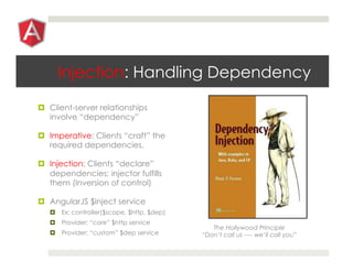 Injection: Handling Dependency
¤  Client-server relationships
involve “dependency”
¤  Imperative: Clients “craft” the
required dependencies.
¤  Injection: Clients “declare”
dependencies; injector fulfills
them (Inversion of control)
¤  AngularJS $inject service
¤  Ex: controller($scope, $http, $dep)
¤  Provider: “core” $http service
¤  Provider: “custom” $dep service
The Hollywood Principle
“Don’t call us ---- we’ll call you”
 