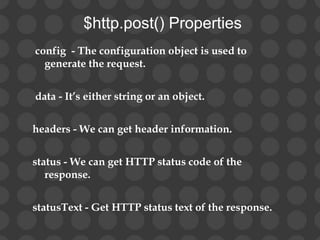 $http.put() method
The $http.put() service in angularjs is used to upload
a files to server and update existing data in se...