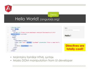 Hello World! (angularjs.org)




                                      Directives are
                                      totally cool!!

•  Maintains familiar HTML syntax
•  Masks DOM manipulation from UI developer
 