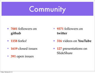 Community

            • 7001 followers on    • 9371 followers on
              github                 twitter

            • 1158 forks!          • 316 videos on YouTube

            • 1619 closed issues   • 127 presentations on
                                     SlideShare
            • 391 open issues



Friday, February 22, 13
 