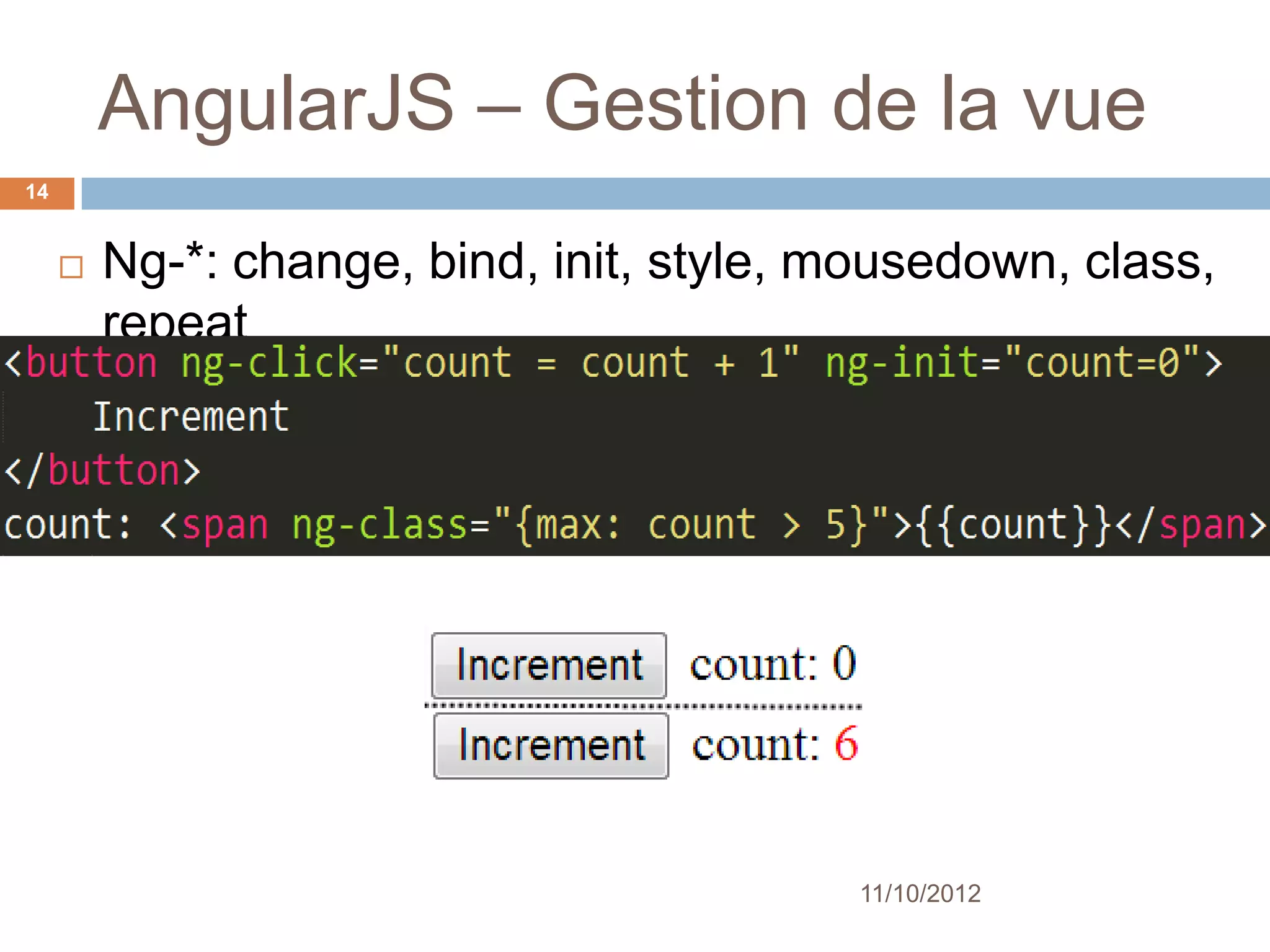 AngularJS – Gestion de la vue
14


        Ng-*:
         change, bind, init, style, mouseup, class, repeat




                                           11/10/2012
 