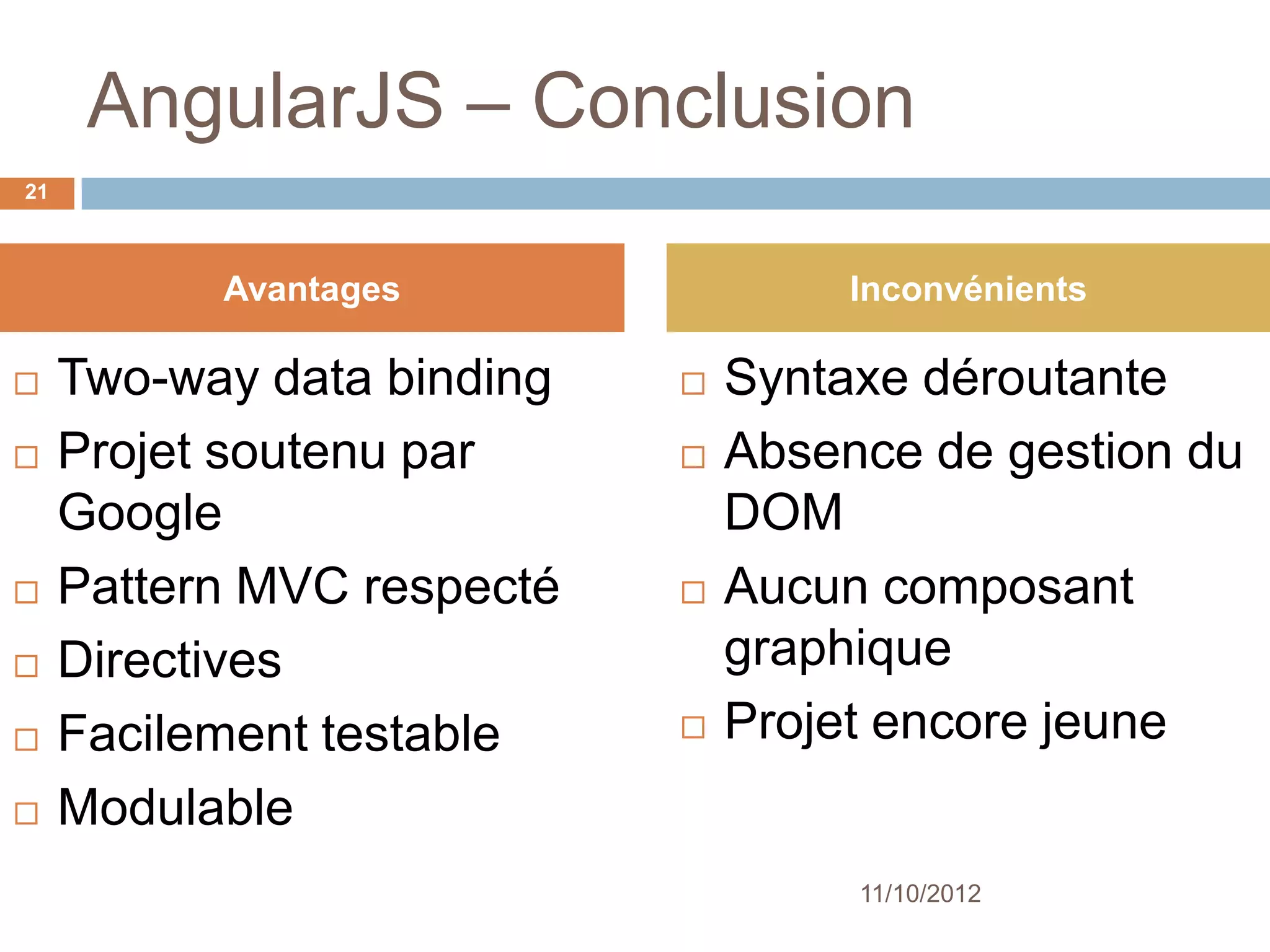 AngularJS – Conclusion
21



           Avantages                 Inconvénients

    Two-way data binding      Syntaxe déroutante
    Projet soutenu par        Absence de gestion du
     Google                     DOM
    Pattern MVC respecté      Aucun composant
    Directives                 graphique
    Facilement testable       Projet encore jeune
    Modulable
                                     11/10/2012
 