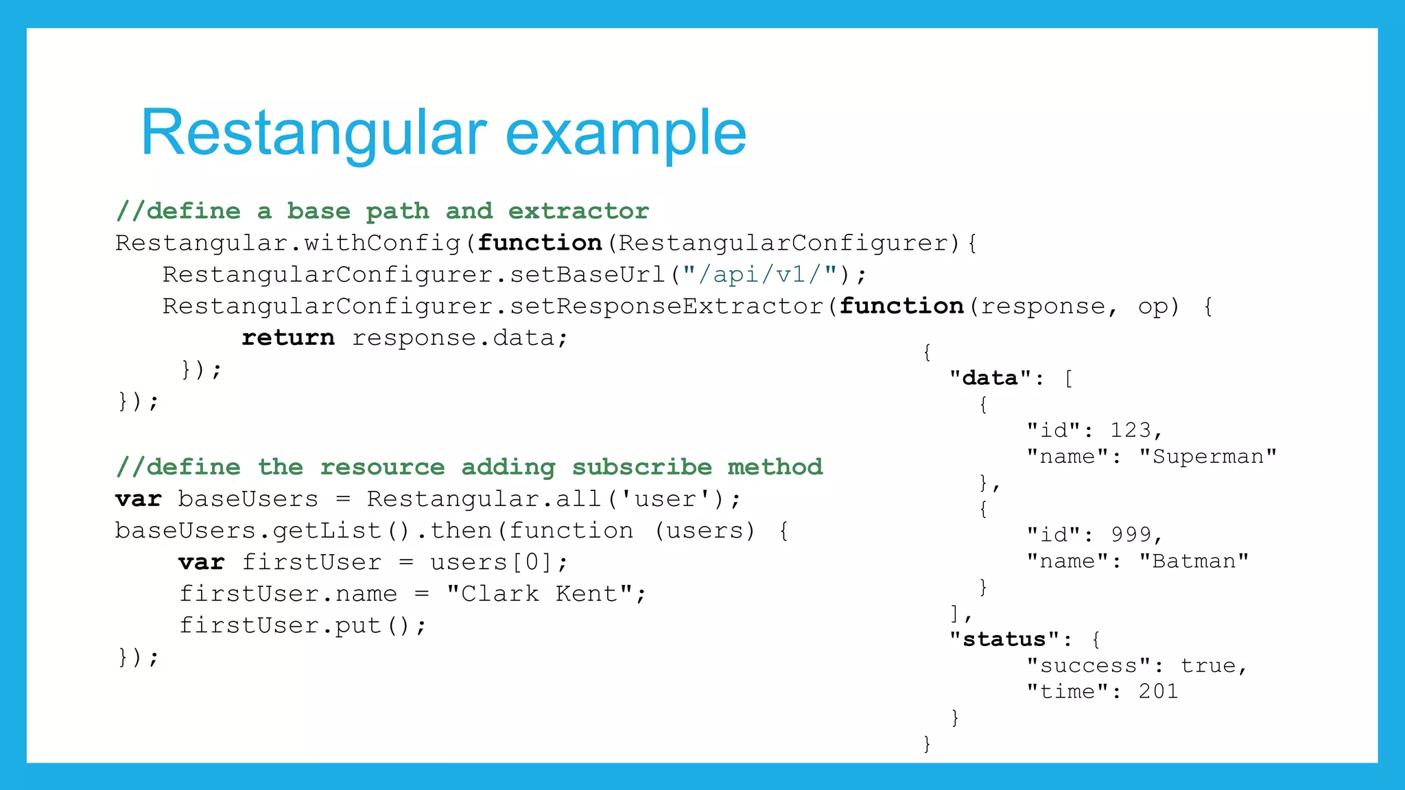 Restangular example //define a base path and extractor Restangular.withConfig(function(RestangularConfigurer){ RestangularConfigurer.setBaseUrl("/api/v1/"); RestangularConfigurer.setResponseExtractor(function(response, op) { return response.data; }); }); //define the resource adding subscribe method var baseUsers = Restangular.all('user'); baseUsers.getList().then(function (users) { var firstUser = users[0]; firstUser.name = "Clark Kent"; firstUser.put(); }); { "data": [ { "id": 123, "name": "Superman" }, { "id": 999, "name": "Batman" } ], "status": { "success": true, "time": 201 } } 