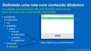 Eduardo Mendes (edumendes@gmail.com)14
Deﬁnindo uma rota com conteúdo dinâmico
Imobiliária
index.html
css
templates
pages
imoveis
index.html
usuarios
index.html
javascript
Com Angular é possível mapear URLs para templates, assim cada vez
que a rota atual muda, a visão incluída muda também
routes.js
http://aplicacao.com/#/imoveis
 