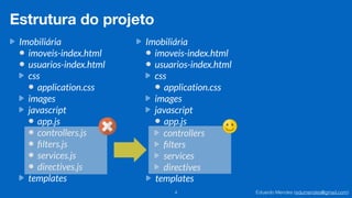 Eduardo Mendes (edumendes@gmail.com)4
Estrutura do projeto
Imobiliária
imoveis-index.html
usuarios-index.html
css
application.css
images
javascript
app.js
controllers.js
ﬁlters.js
services.js
directives.js
templates
Imobiliária
imoveis-index.html
usuarios-index.html
css
application.css
images
javascript
app.js
templates
controllers
ﬁlters
services
directives
 