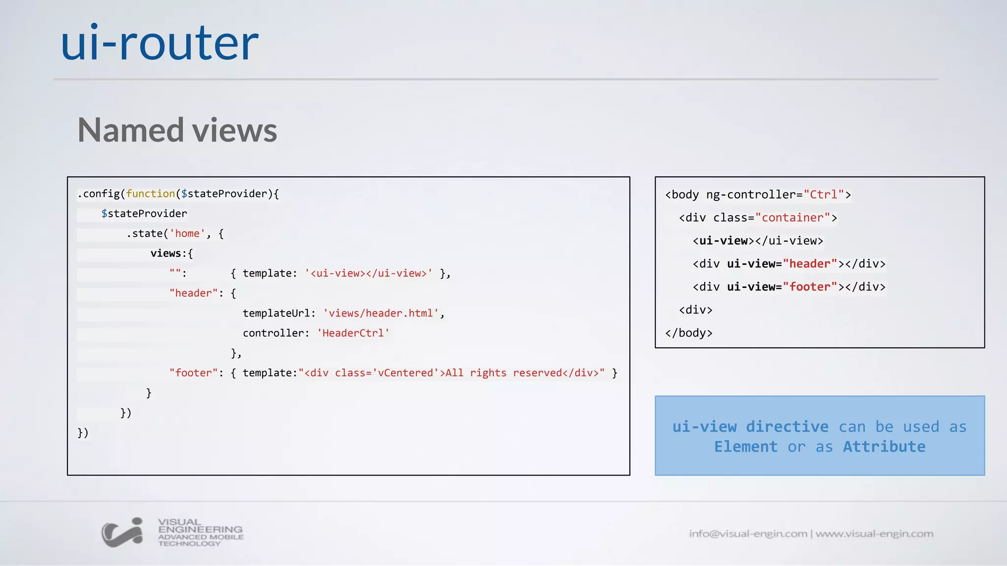 ui-router
.config(function($stateProvider){
$stateProvider
.state('home', {
views:{
"": { template: '<ui-view></ui-view>' },
"header": {
templateUrl: 'views/header.html',
controller: 'HeaderCtrl'
},
"footer": { template:"<div class='vCentered'>All rights reserved</div>" }
}
})
})
Named views
<body ng-controller="Ctrl">
<div class="container">
<ui-view></ui-view>
<div ui-view="header"></div>
<div ui-view="footer"></div>
<div>
</body>
ui-view directive can be used as
Element or as Attribute
 