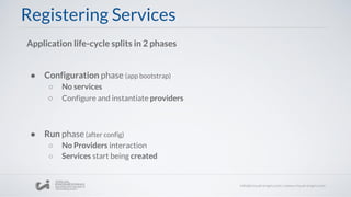 Registering Services
Application life-cycle splits in 2 phases
● Configuration phase (app bootstrap)
○ No services
○ Configure and instantiate providers
● Run phase (after config)
○ No Providers interaction
○ Services start being created
 