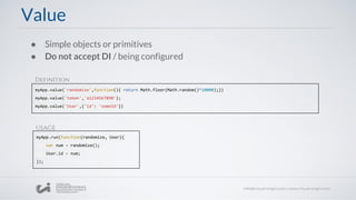 ● Simple objects or primitives
● Do not accept DI / being configured
myApp.value('randomize',function(){ return Math.floor(Math.random()*10000);})
myApp.value('token','a1234567890');
myApp.value('User',{'id': 'someId'})
Value
myApp.run(function(randomize, User){
var num = randomize();
User.id = num;
});
Definition
USAGE
 
