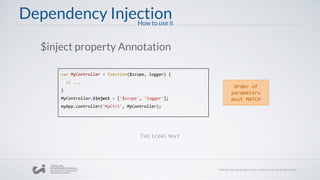 Dependency Injection
$inject property Annotation
How to use it
var MyController = function($scope, logger) {
// ...
}
MyController.$inject = ['$scope', 'logger'];
myApp.controller('MyCtrl', MyController);
The Long way
Order of
parameters
must MATCH
 