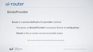 ui-router
$stateProvider
$state is a service defined with provider method
that gives us $stateProvider to prepare $state at config phase
$state is the ui-router service to handle states
http://angular-ui.github.io/ui-router/site/#/api/ui.router.state.$state
 