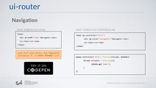 ui-router
Navigation
<body>
<div ui-sref='home'>Navigate!</div>
<ui-view></ui-view>
</body>
<body ng-controller="Ctrl">
<div ng-click="navigate()">Navigate!</div>
<ui-view></ui-view>
</body>
NAV THROUGH VIEW NAV THROUGH CONTROLLER
myApp.controller('Ctrl', function($scope, $state){
$scope.navigate = function(){
$state.go('home');
}
})
link href also works, but AngularJS
introduces #: <a href='#/home'></a>
 