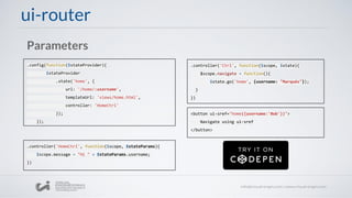 ui-router
Parameters
.config(function($stateProvider){
$stateProvider
.state('home', {
url: '/home/:username',
templateUrl: 'views/home.html',
controller: 'HomeCtrl'
});
});
.controller('HomeCtrl', function($scope, $stateParams){
$scope.message = "Hi " + $stateParams.username;
})
.controller('Ctrl', function($scope, $state){
$scope.navigate = function(){
$state.go('home', {username: "Marqués"});
}
})
<button ui-sref="home({username:'Bob'})">
Navigate using ui-sref
</button>
 