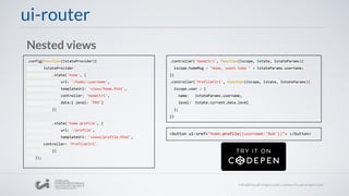 ui-router
.config(function($stateProvider){
$stateProvider
.state('home', {
url: '/home/:username',
templateUrl: 'views/home.html',
controller: 'HomeCtrl',
data:{ level: 'PRO'}
})
.state('home.profile', {
url: '/profile',
templateUrl: 'views/profile.html',
controller: 'ProfileCtrl'
})
});
Nested views
.controller('HomeCtrl', function($scope, $state, $stateParams){
$scope.homeMsg = "Home, sweet home " + $stateParams.username;
})
.controller('ProfileCtrl', function($scope, $state, $stateParams){
$scope.user = {
name: $stateParams.username,
level: $state.current.data.level
};
})
<button ui-sref="home.profile({username:'Bob'})"> </button>
 