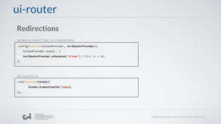 ui-router
.config(function($stateProvider, $urlRouterProvider){
$stateProvider.state(...)
$urlRouterProvider.otherwise('#/home') //this is a URL
})
Redirections
.run(function($state){
$state.transitionTo('home);
});
Always that Url is unknown
At Launch
 