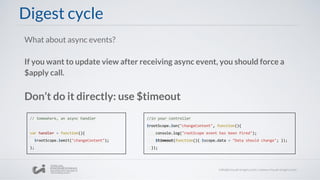 Digest cycle
What about async events?
If you want to update view after receiving async event, you should force a
$apply call.
Don’t do it directly: use $timeout
// Somewhere, an async handler
var handler = function(){
$rootScope.$emit("changeContent");
};
//in your controller
$rootScope.$on("changeContent", function(){
console.log("rootScope event has been fired");
$timeout(function(){ $scope.data = "Data should change"; });
});
 