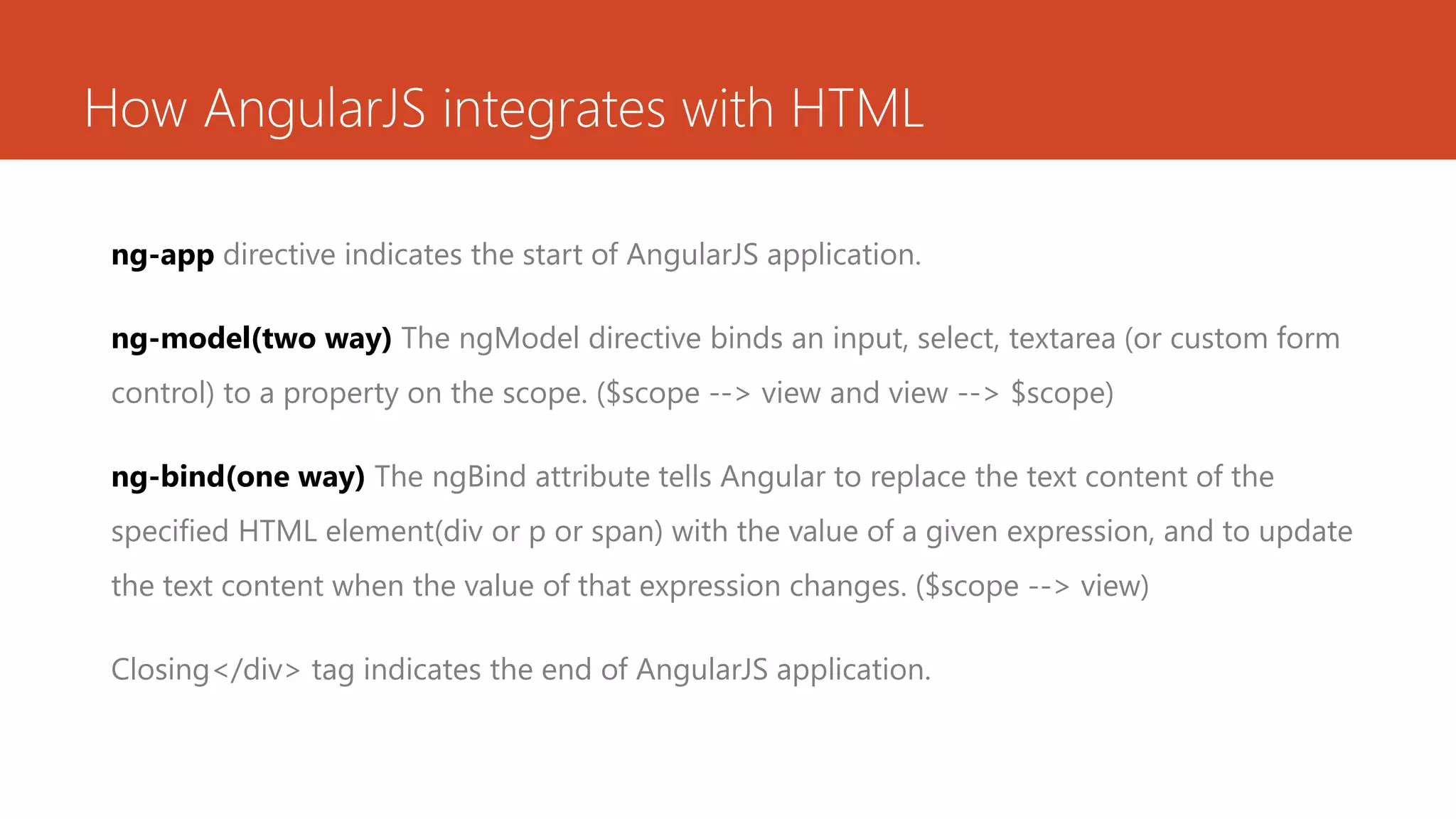 How AngularJS integrates with HTML ng-app directive indicates the start of AngularJS application. ng-model(two way) The ngModel directive binds an input, select, textarea (or custom form control) to a property on the scope. ($scope --> view and view --> $scope) ng-bind(one way) The ngBind attribute tells Angular to replace the text content of the specified HTML element(div or p or span) with the value of a given expression, and to update the text content when the value of that expression changes. ($scope --> view) Closing</div> tag indicates the end of AngularJS application. 